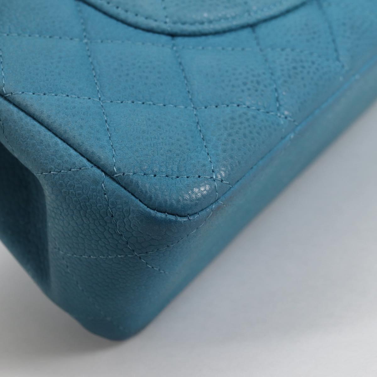CHANEL Matelasse 25 Double Flap Chain Bag Caviar Skin Blue CC Auth 136821M