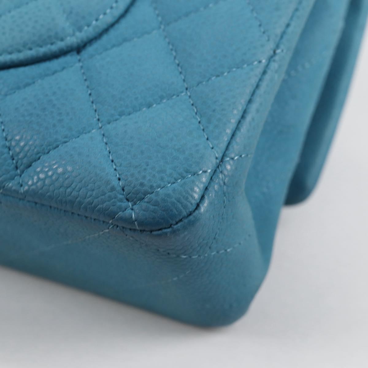 CHANEL Matelasse 25 Double Flap Chain Bag Caviar Skin Blue CC Auth 136821M