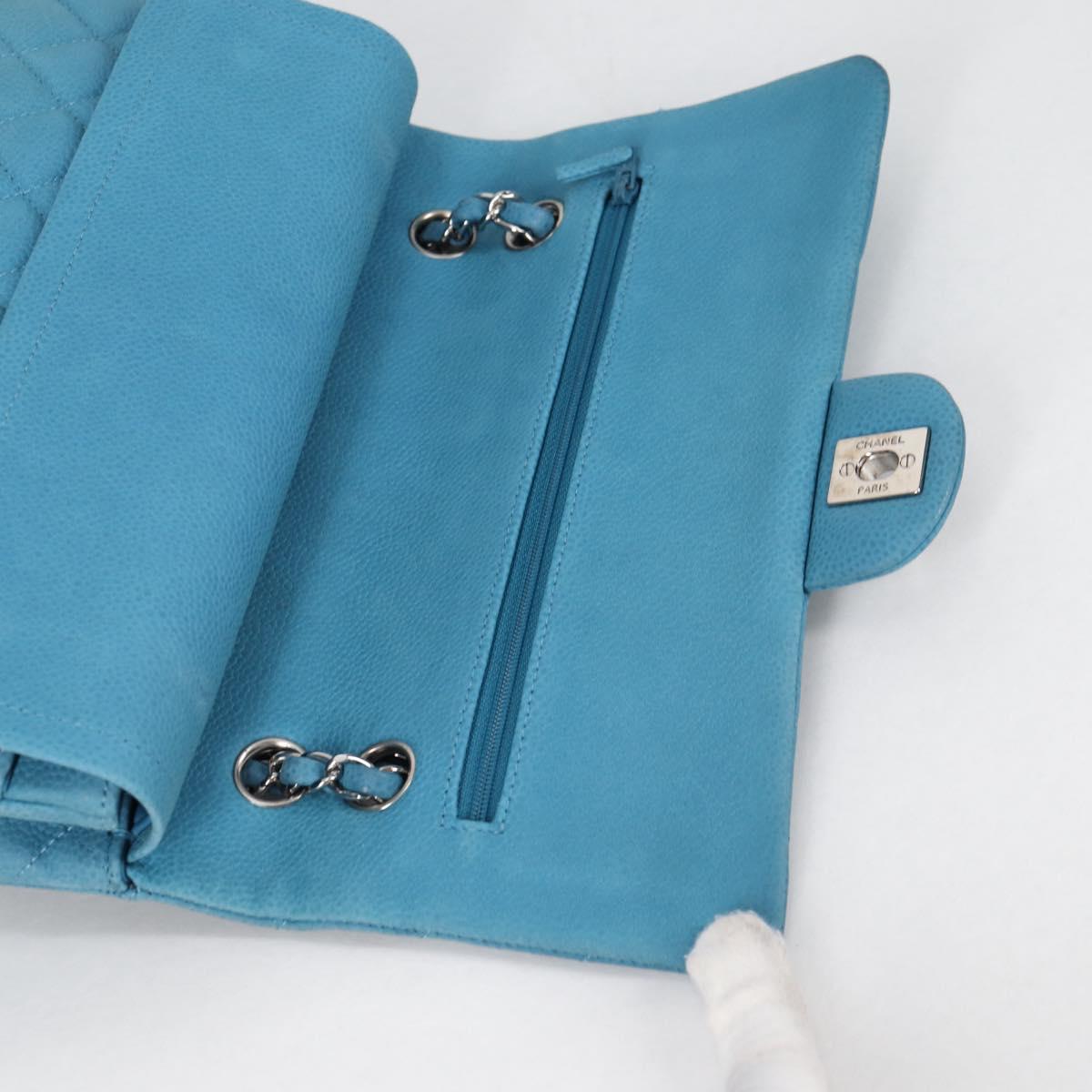 CHANEL Matelasse 25 Double Flap Chain Bag Caviar Skin Blue CC Auth 136821M