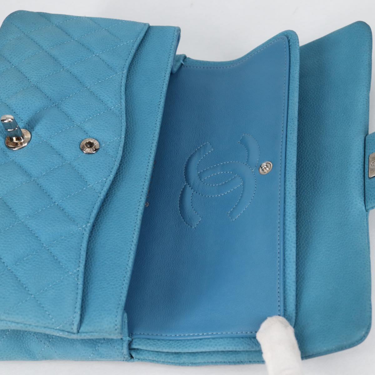 CHANEL Matelasse 25 Double Flap Chain Bag Caviar Skin Blue CC Auth 136821M