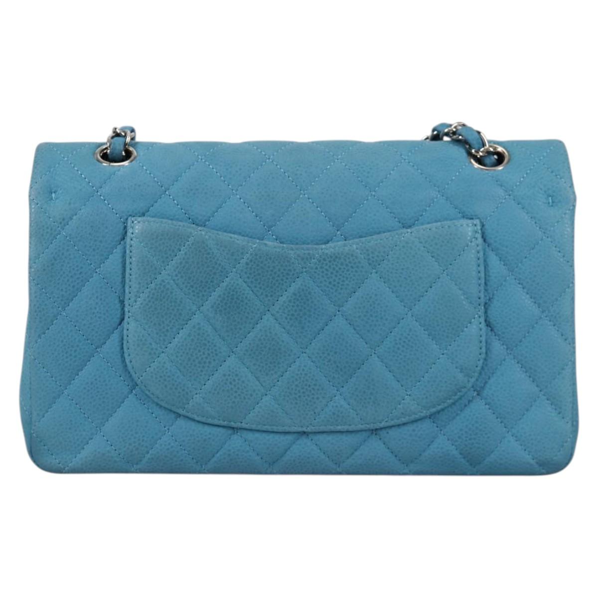 CHANEL Matelasse 25 Double Flap Chain Bag Caviar Skin Blue CC Auth 136821M