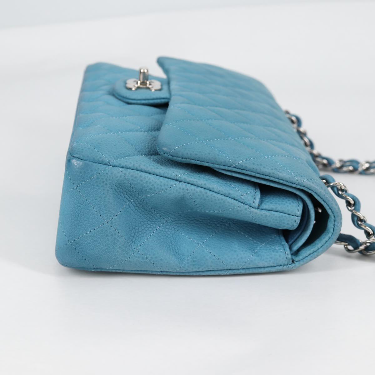 CHANEL Matelasse 25 Double Flap Chain Bag Caviar Skin Blue CC Auth 136821M