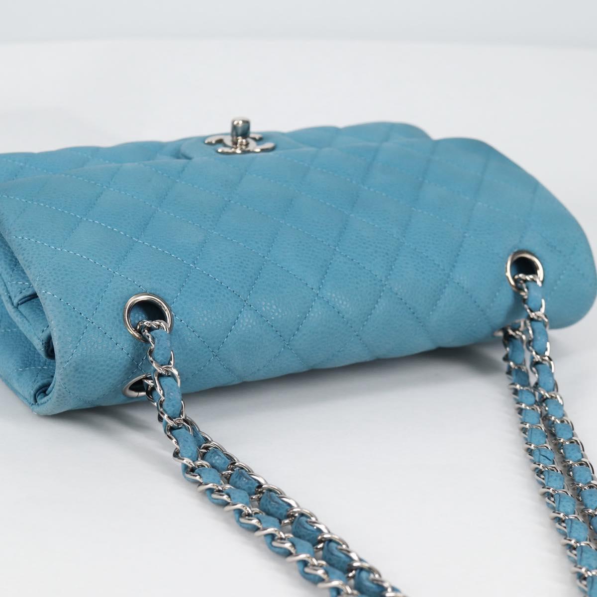 CHANEL Matelasse 25 Double Flap Chain Bag Caviar Skin Blue CC Auth 136821M