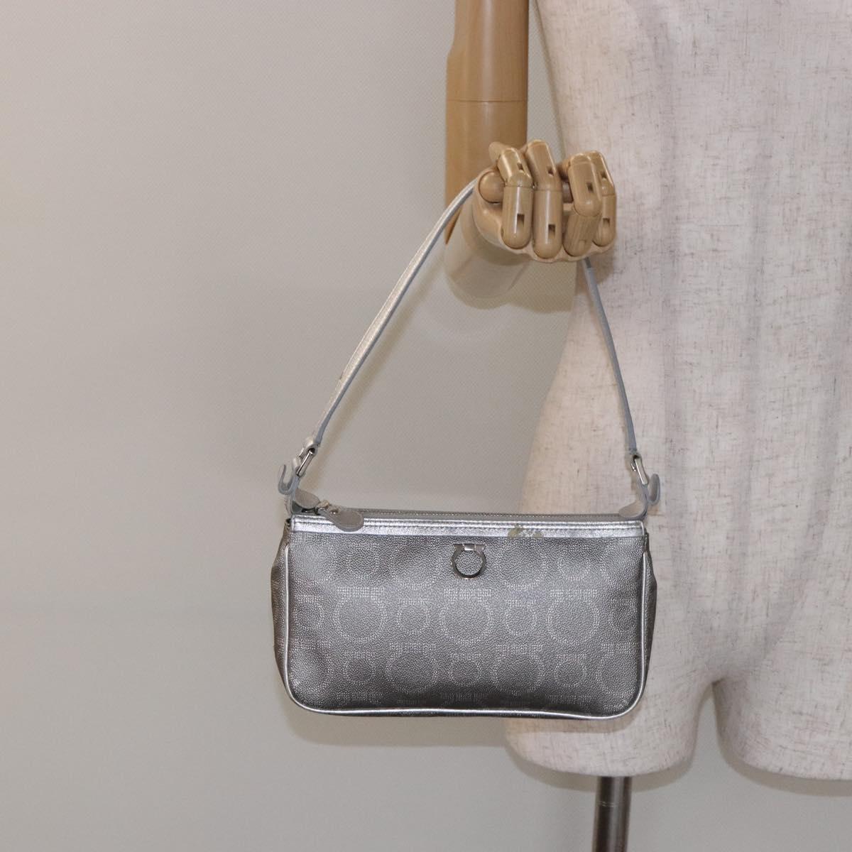 Salvatore Ferragamo Gancini Shoulder Bag Leather Silver Auth 136843