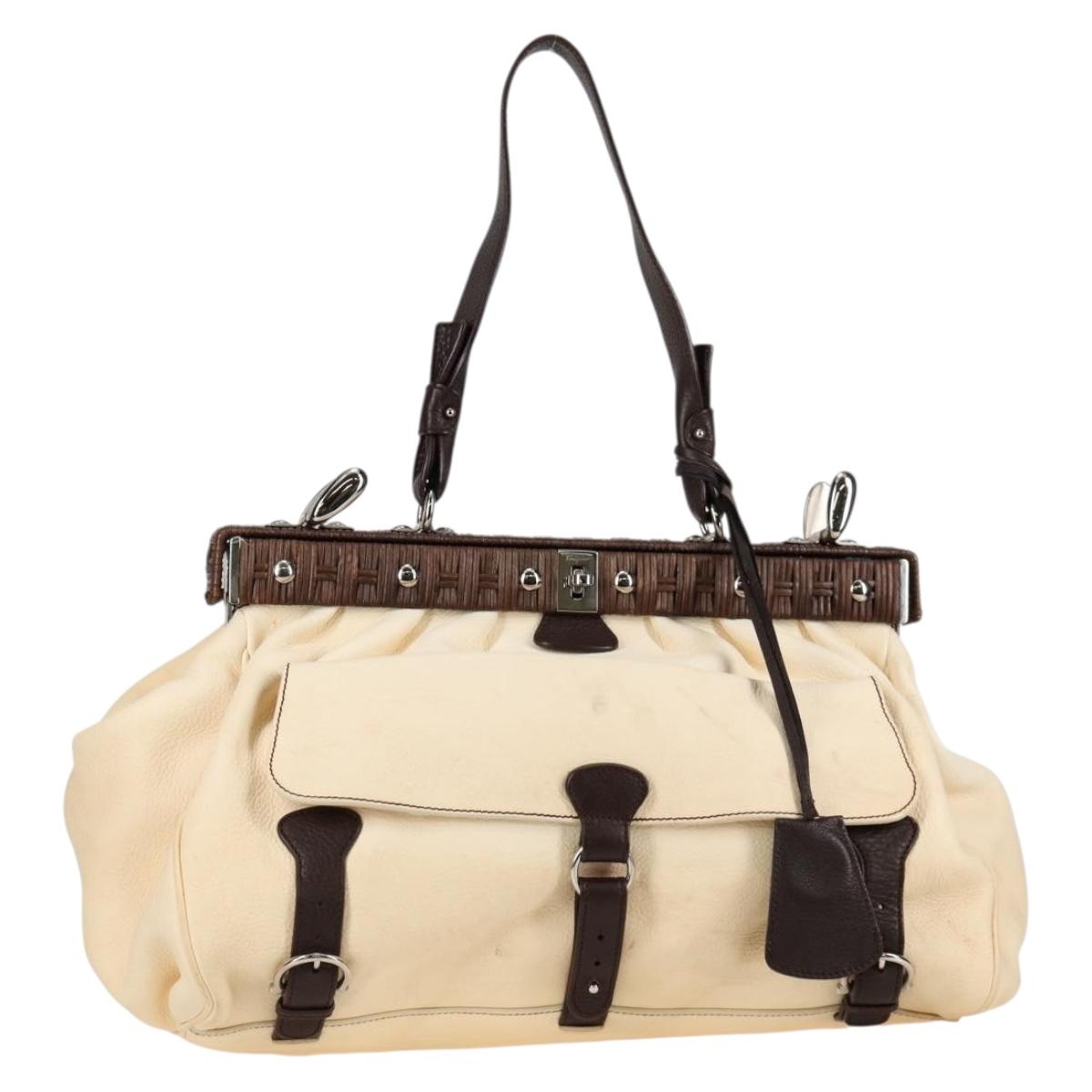 Salvatore Ferragamo Gancini Hand Bag Leather Ivory Silver Auth 136857