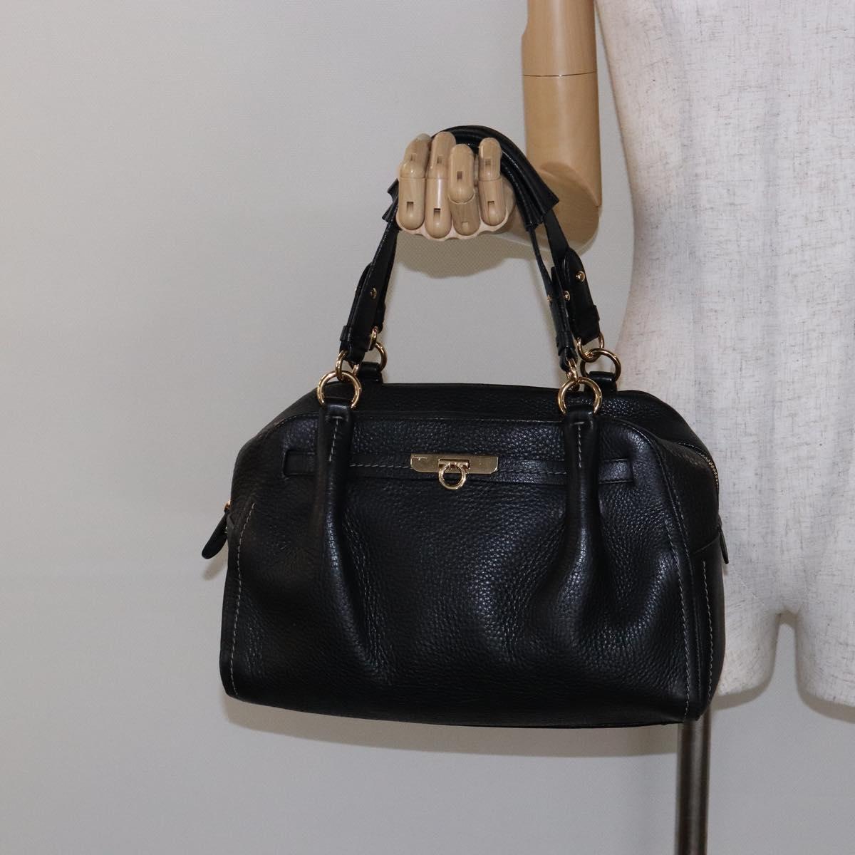 Salvatore Ferragamo Gancini Hand Bag Leather Black Gold Auth 136973