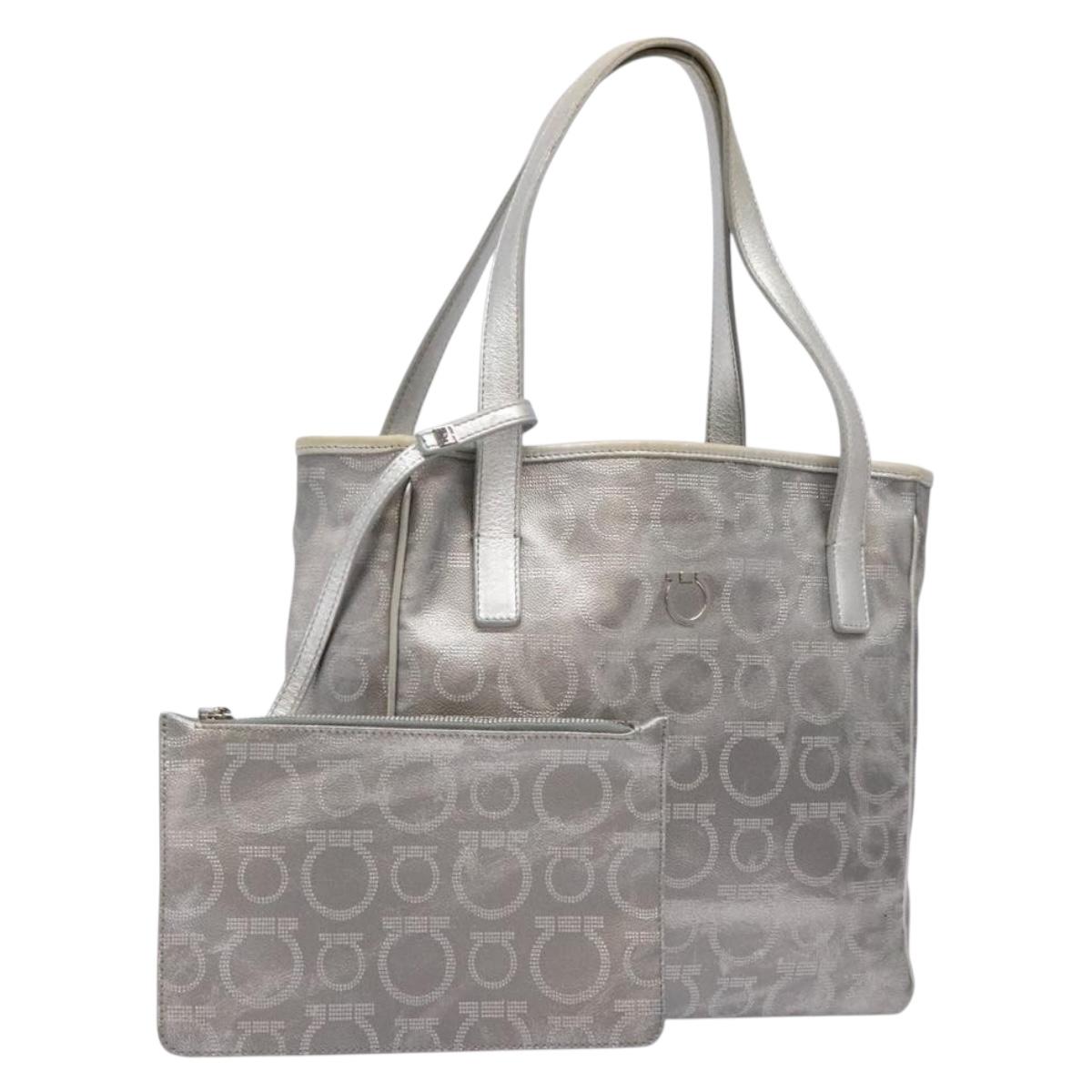 Salvatore Ferragamo Gancini Tote Bag Leather Silver Auth 137002
