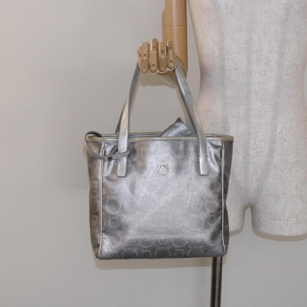 Salvatore Ferragamo Gancini Tote Bag Leather Silver Auth 137002