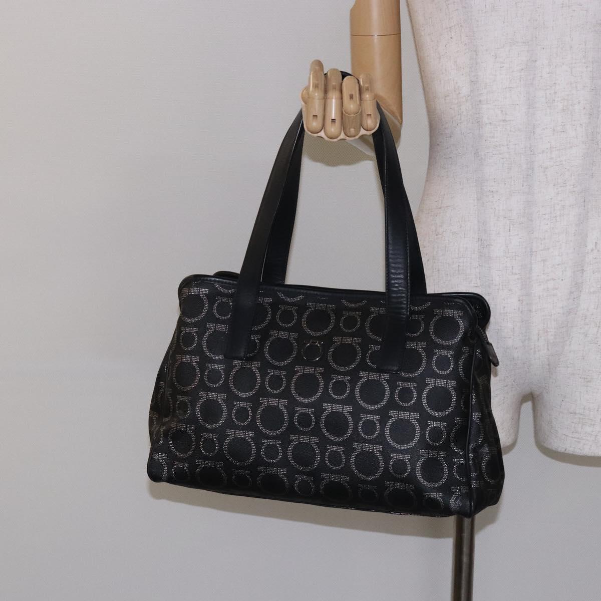 Salvatore Ferragamo Gancini Hand Bag PVC Black Silver Auth 137033