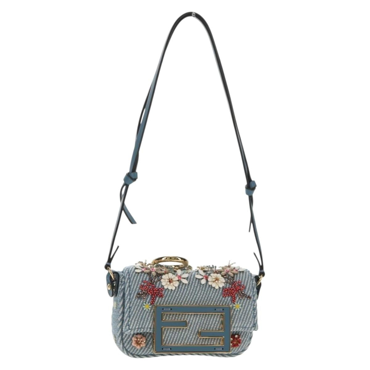 FENDI Mamma Baguette Hand Bag Denim Blue Gold Auth 137152M