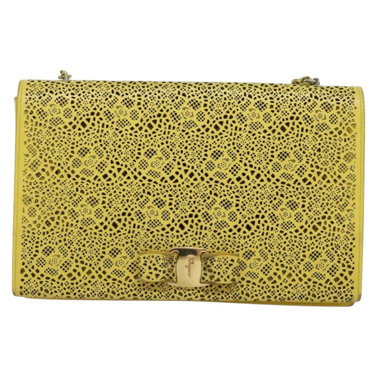 Salvatore Ferragamo Vala Chain Shoulder Bag Leather Yellow Silver Auth 137170
