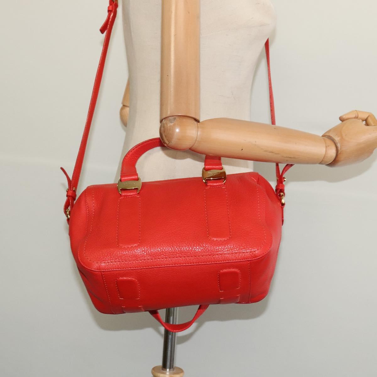 Salvatore Ferragamo Vala Hand Bag Leather 2way Red Gold Auth 137172
