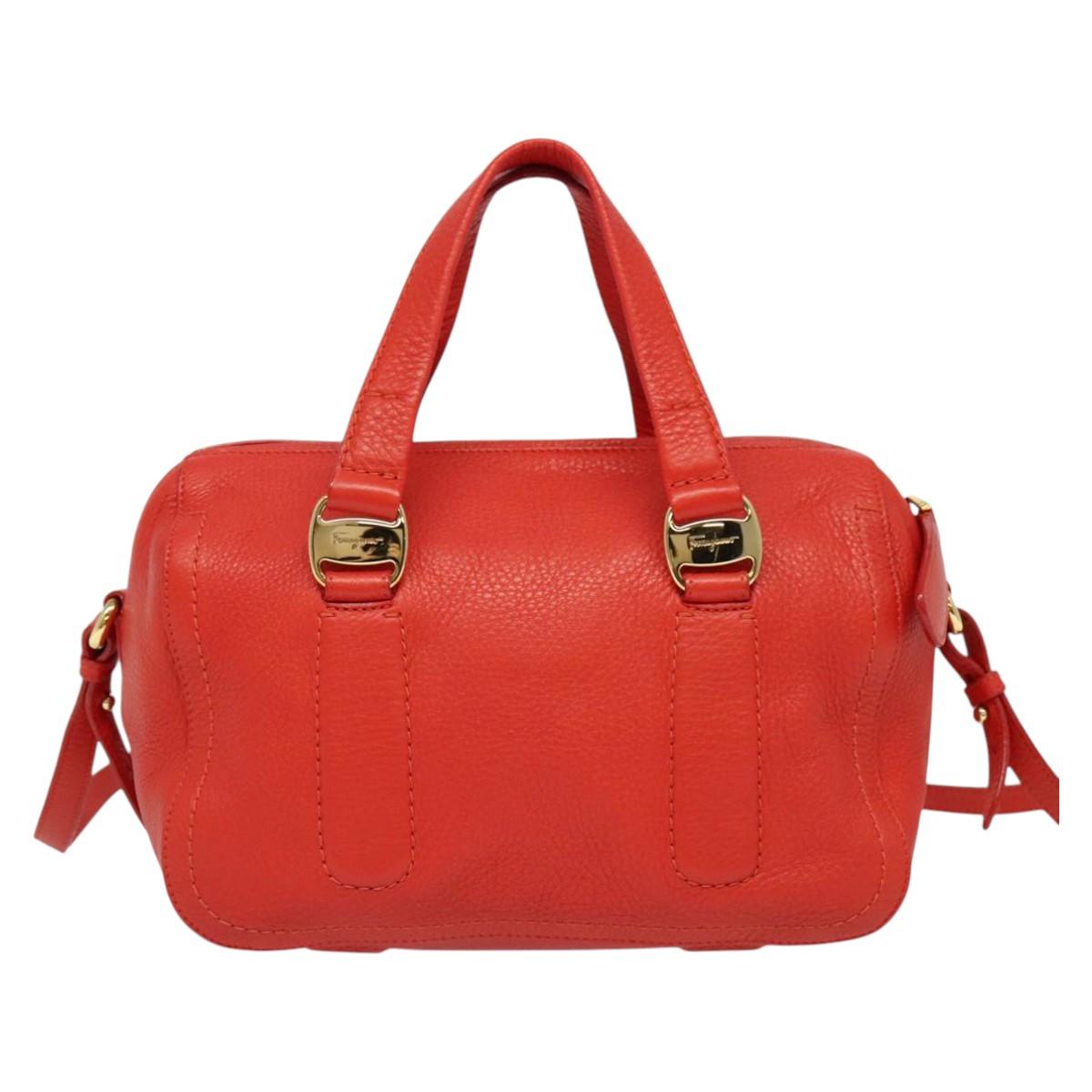 Salvatore Ferragamo Vala Hand Bag Leather 2way Red Gold Auth 137172