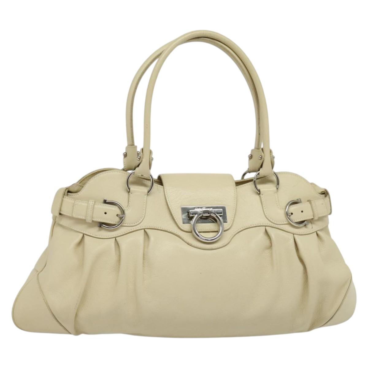 Salvatore Ferragamo Gancini Tote Bag Leather Beige Silver Auth 137173