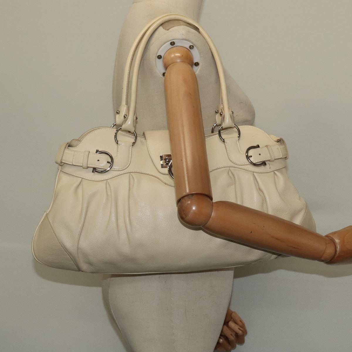 Salvatore Ferragamo Gancini Tote Bag Leather Beige Silver Auth 137173