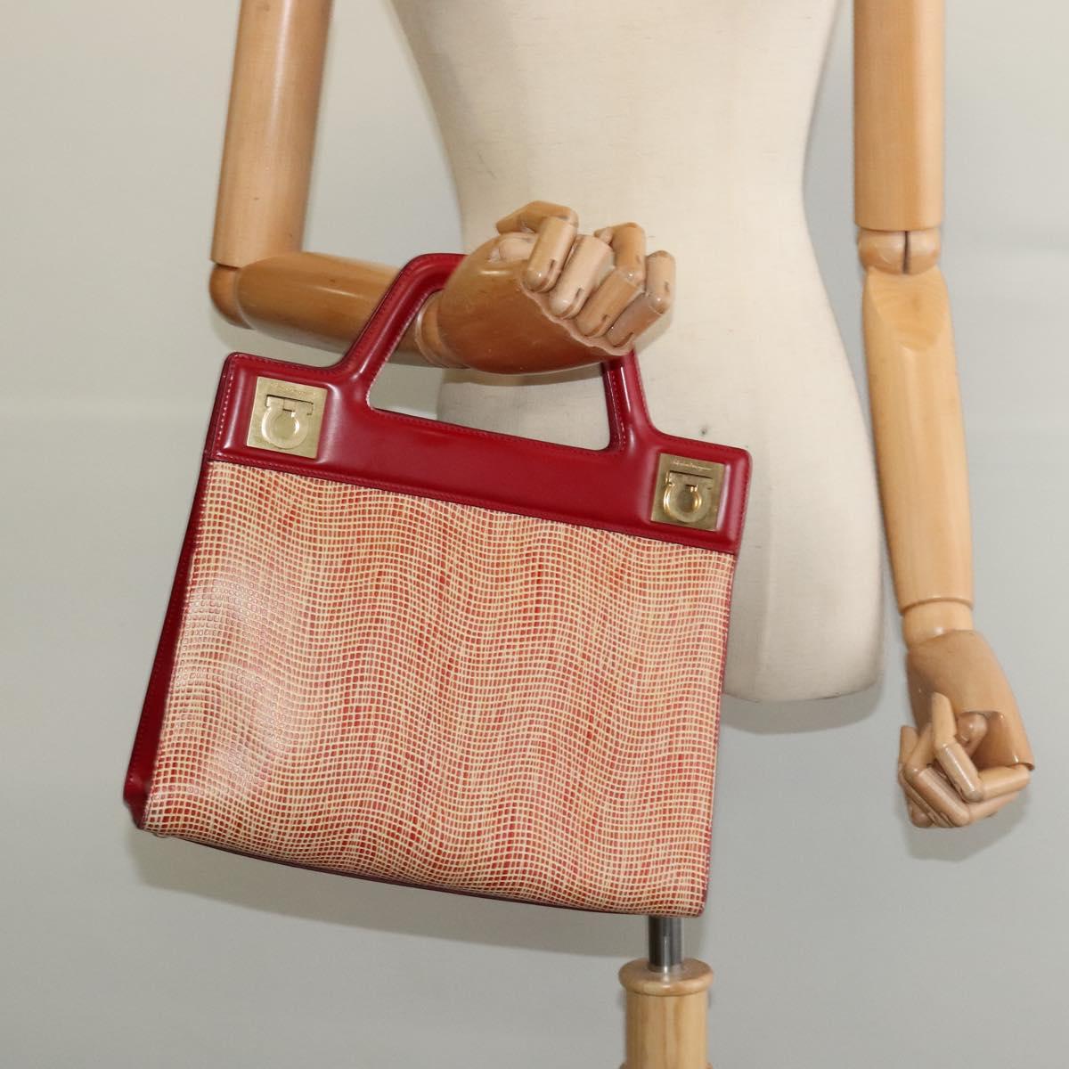 Salvatore Ferragamo Gancini Hand Bag Leather Red Gold Auth 137177