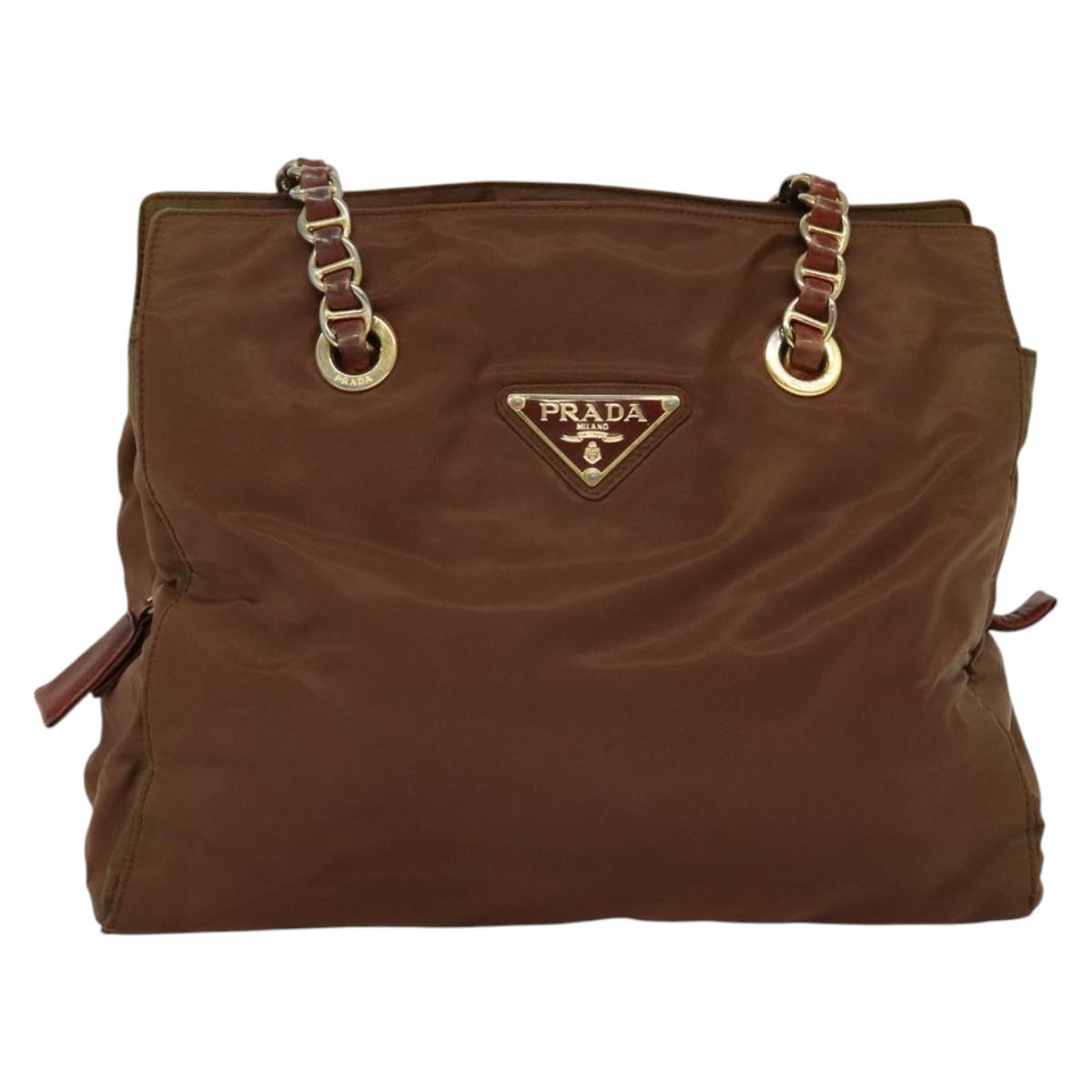 PRADA Chain Tote Bag Nylon Gold Brown Auth 137212