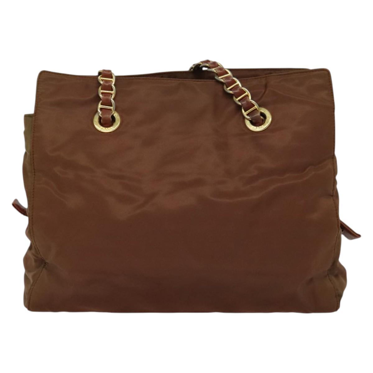 PRADA Chain Tote Bag Nylon Gold Brown Auth 137212