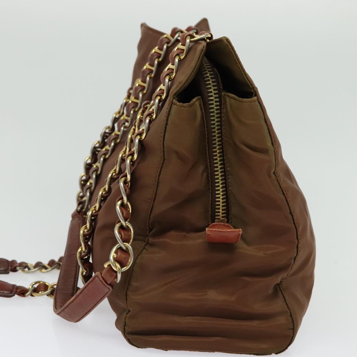 PRADA Chain Tote Bag Nylon Gold Brown Auth 137212