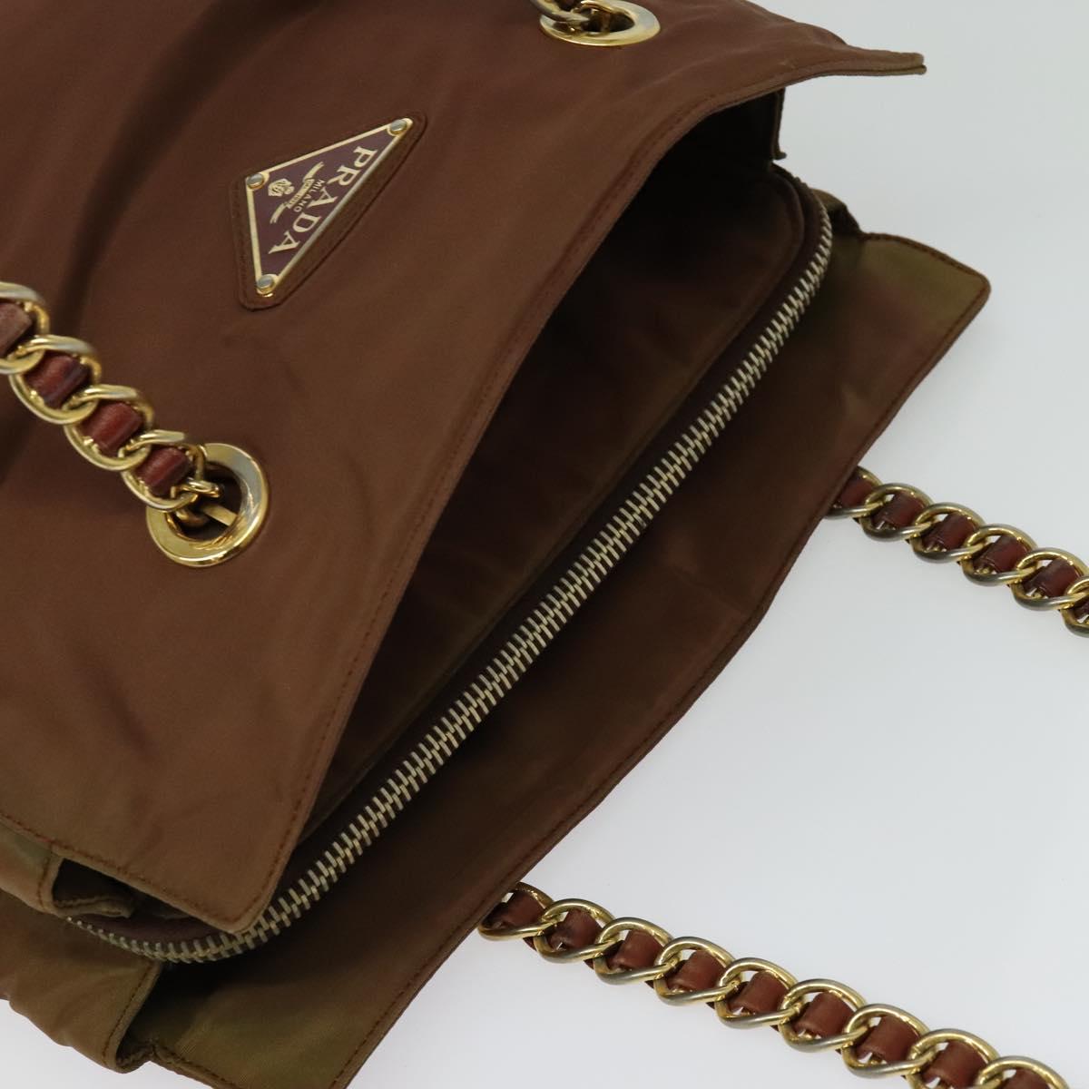 PRADA Chain Tote Bag Nylon Gold Brown Auth 137212