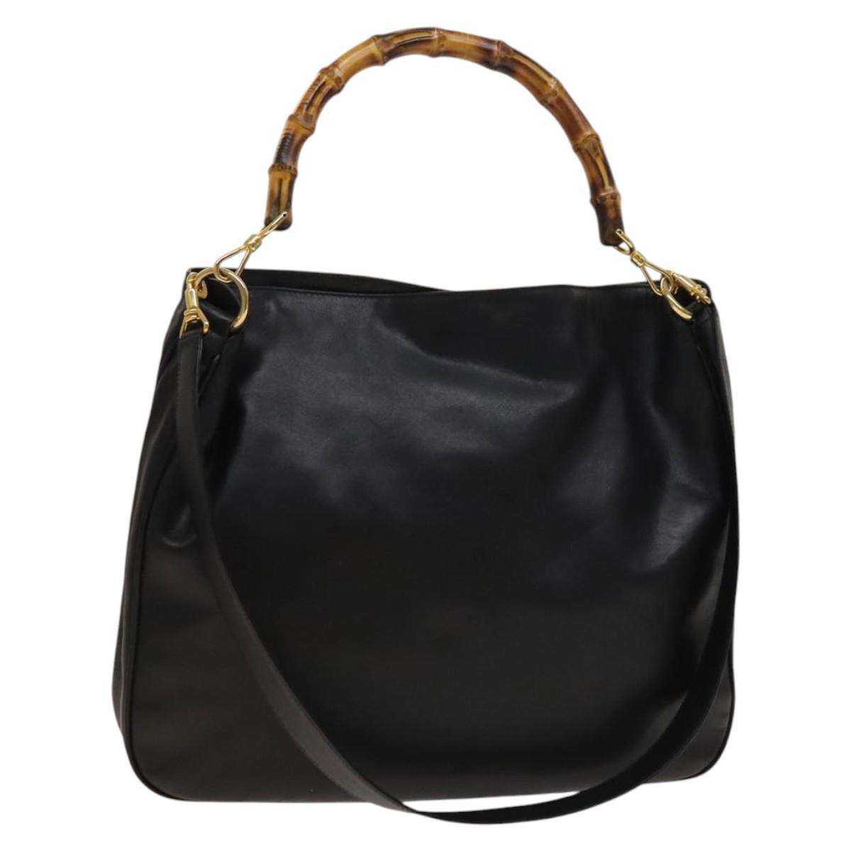 GUCCI Bamboo Hand Bag Leather 2way Black Gold 001 1781 1577 0 Auth 137281