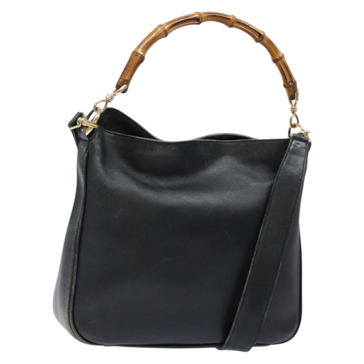GUCCI Bamboo Hand Bag Leather 2way Black Gold 001 3444 1638 Auth 137282