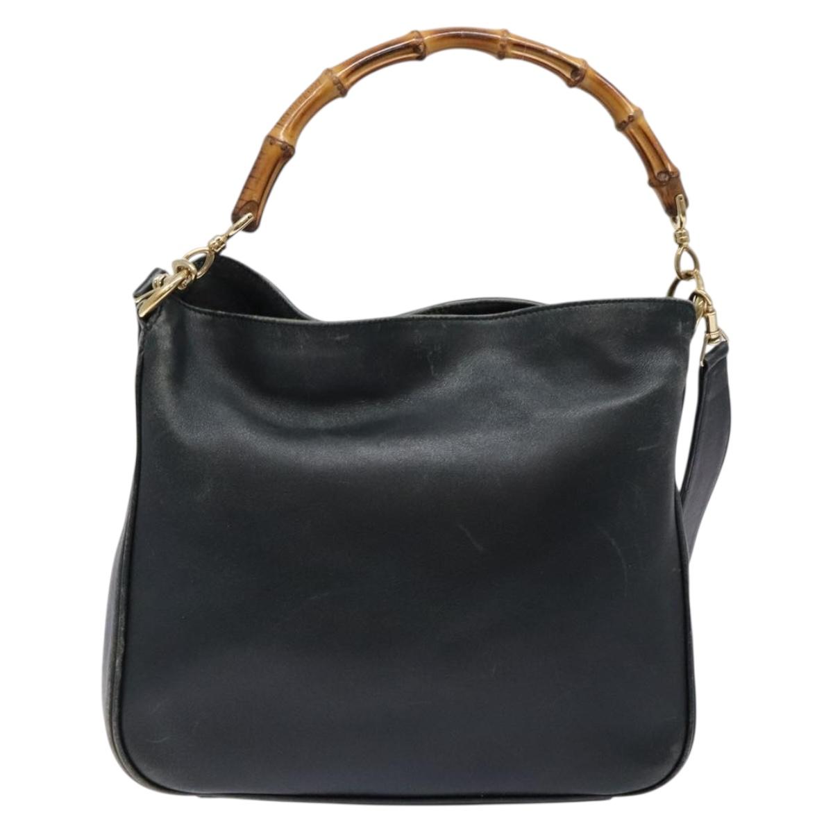 GUCCI Bamboo Hand Bag Leather 2way Black Gold 001 3444 1638 Auth 137282