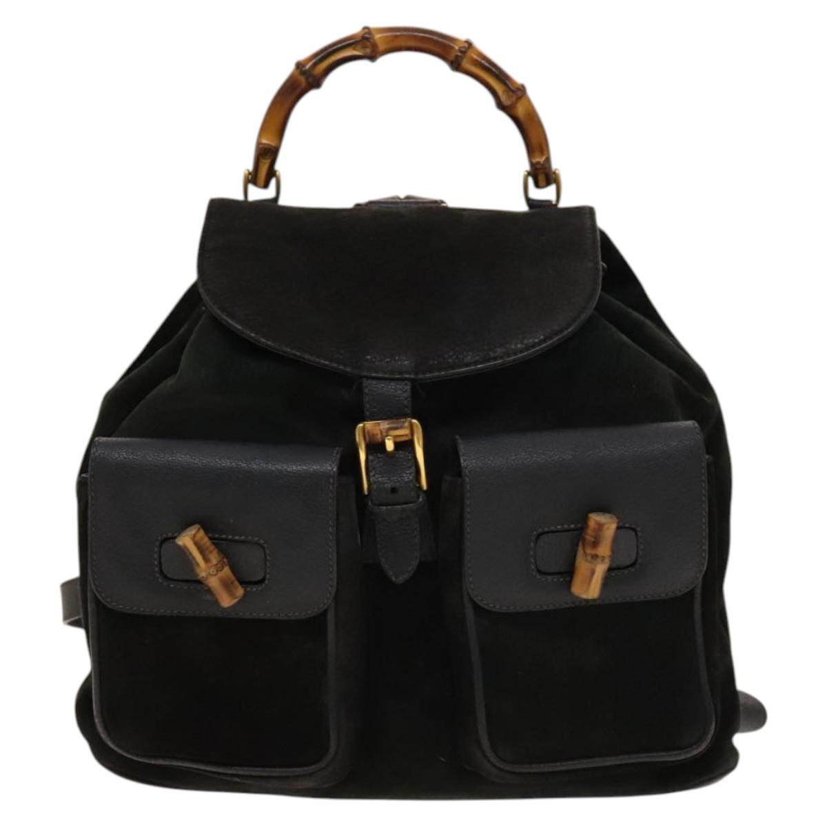 GUCCI Bamboo Backpack Suede Black Gold 003 2058 0016 Auth 137283