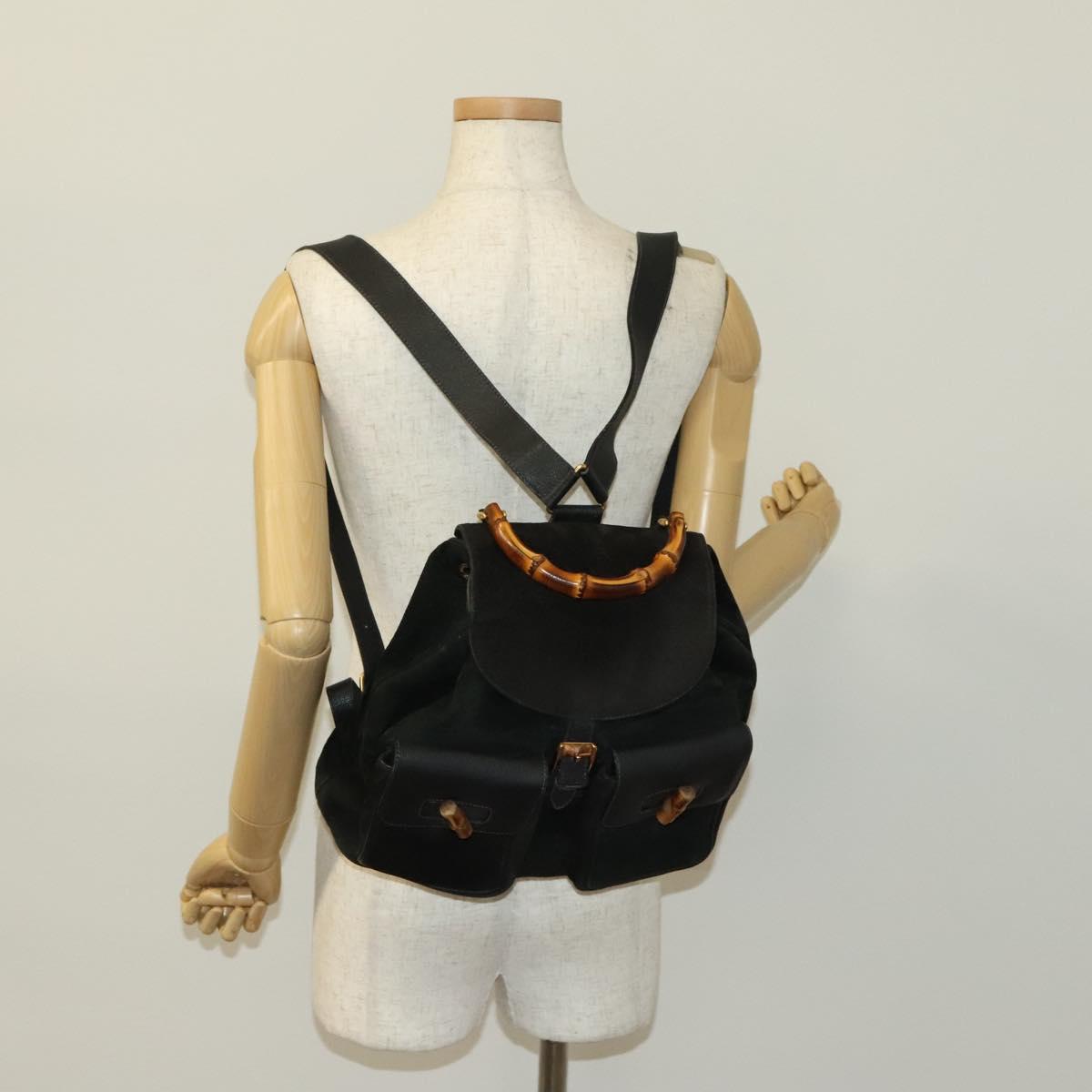 GUCCI Bamboo Backpack Suede Black Gold 003 2058 0016 Auth 137283