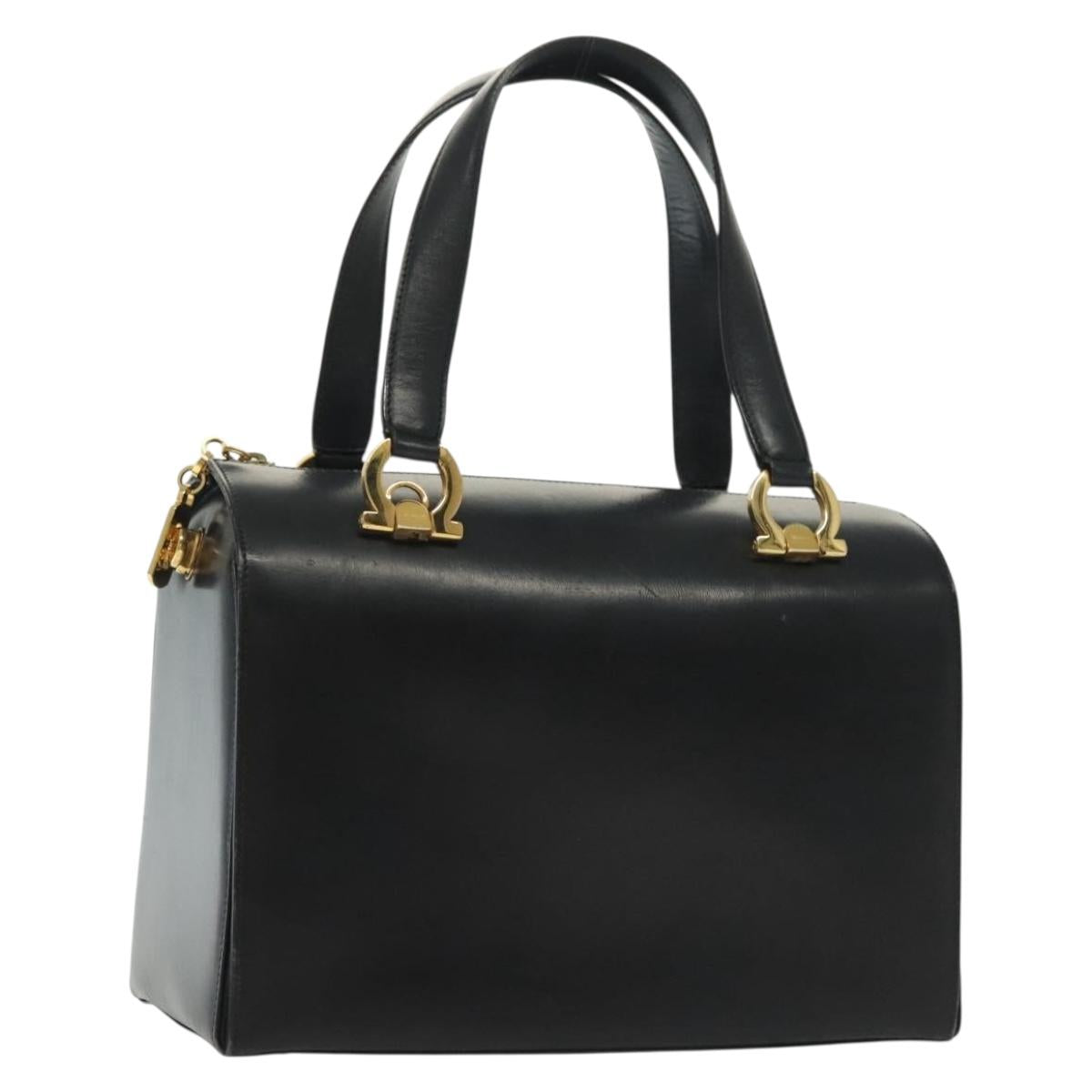 Salvatore Ferragamo Gancini Hand Bag Leather Black Gold Auth 137288