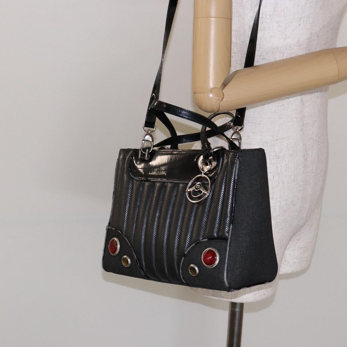 Christian Dior Montaigne Hand Bag Canvas Leather 2way Black Silver Auth 137291