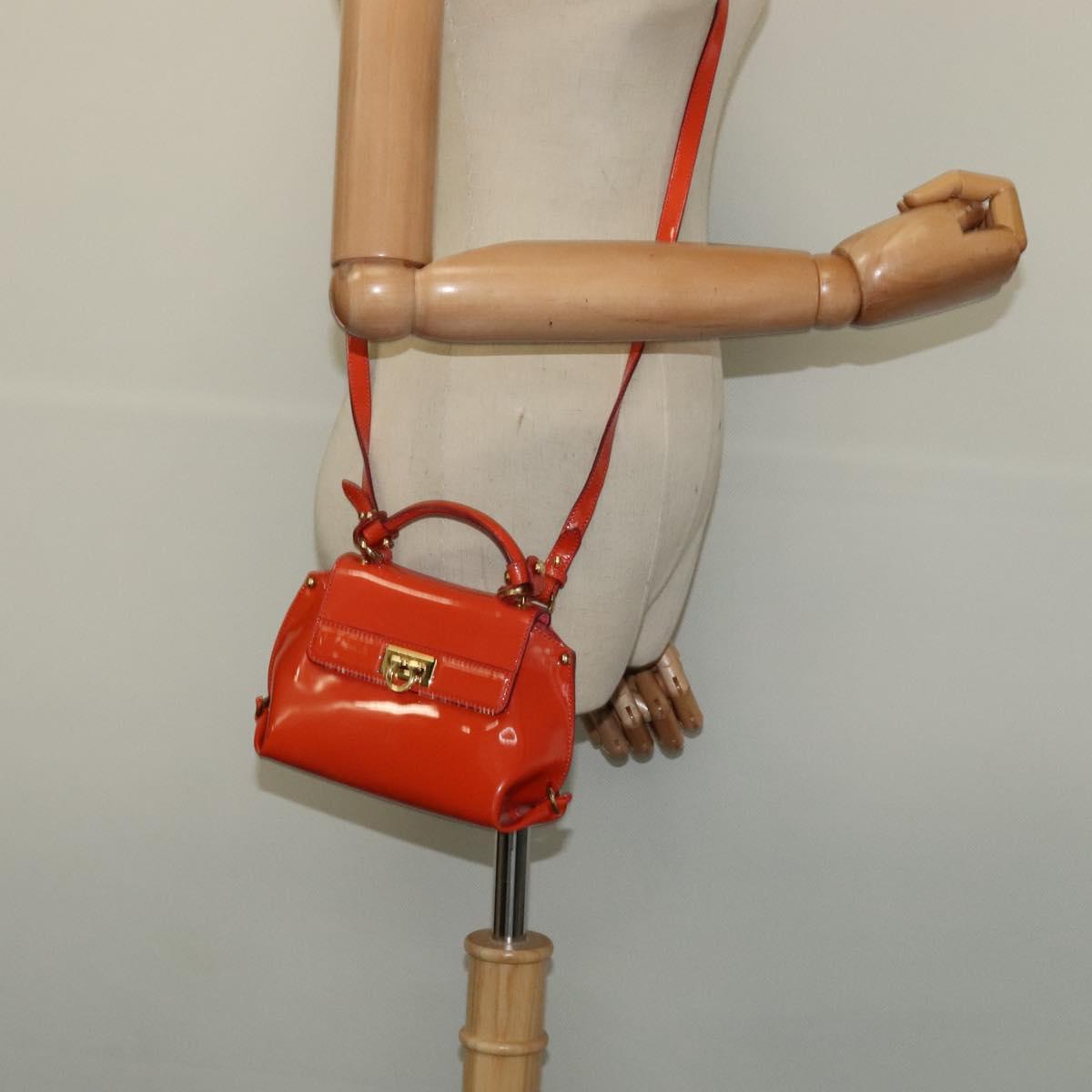 Salvatore Ferragamo Gancini Hand Bag Enamel 2way Orange Gold Auth 137418