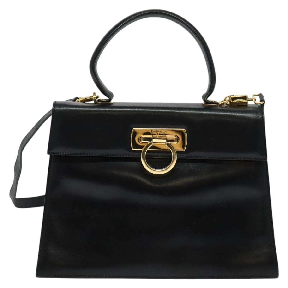 Salvatore Ferragamo Gancini Hand Bag Leather 2way Black Gold Auth 137421