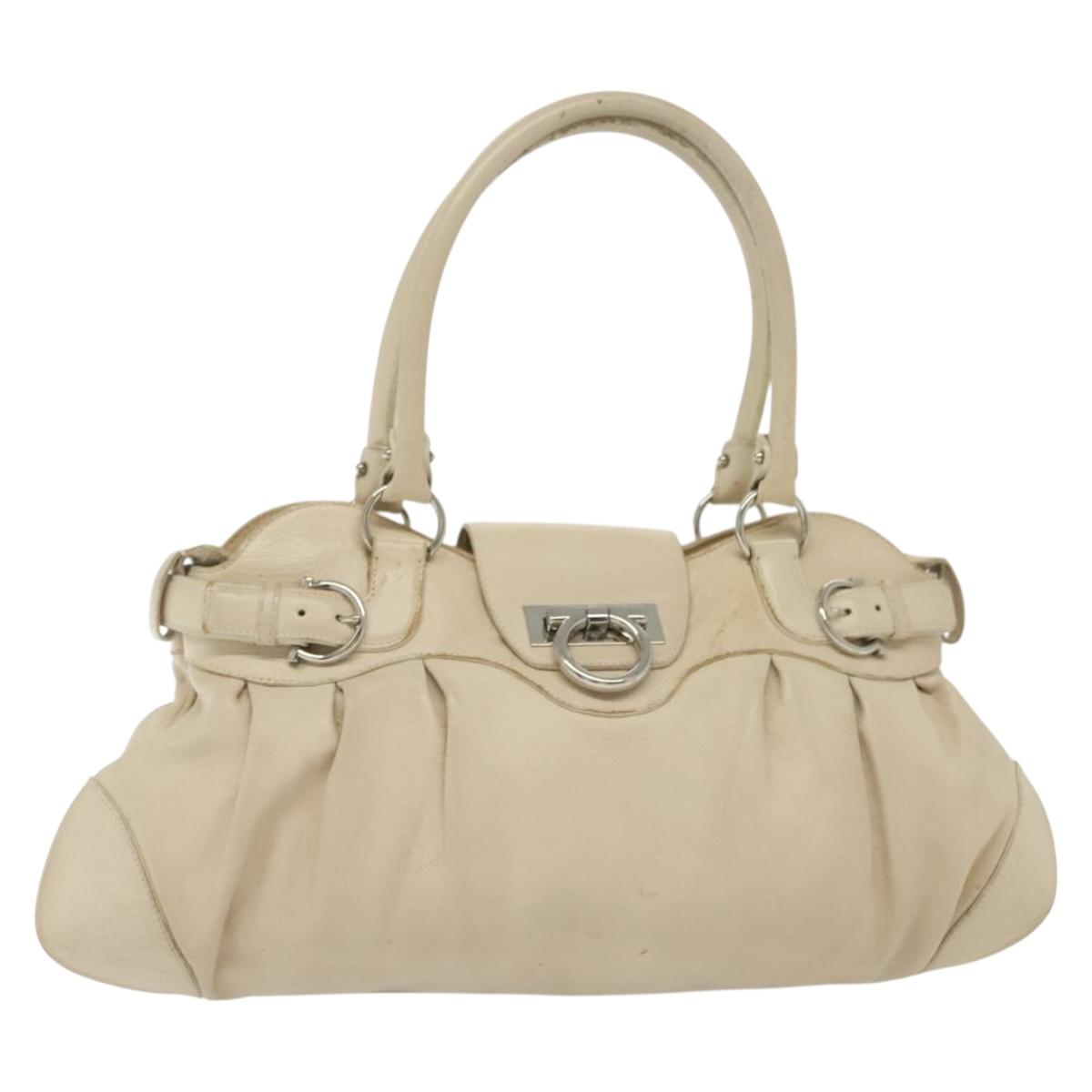 Salvatore Ferragamo Gancini Tote Bag Leather Beige Silver Auth 137424