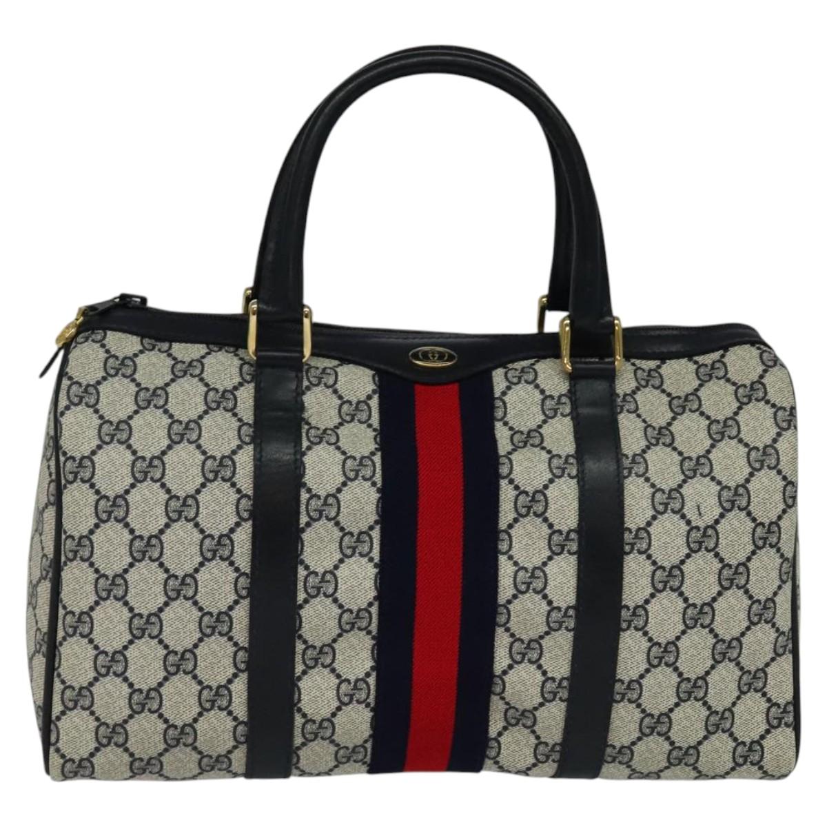 GUCCI GG Supreme Sherry Line Boston Bag PVC Navy Gold 24 012 3842 Auth 137431