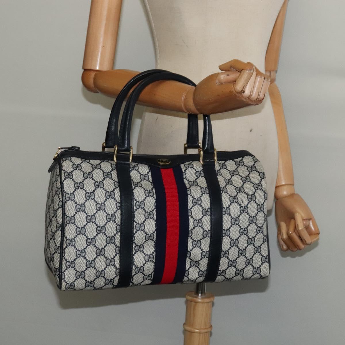 GUCCI GG Supreme Sherry Line Boston Bag PVC Navy Gold 24 012 3842 Auth 137431