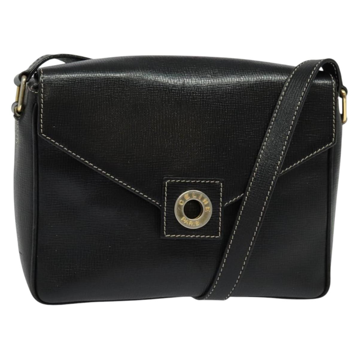 CELINE Shoulder Bag Leather Black Gold Auth 137436