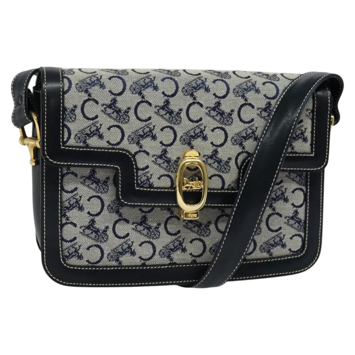 CELINE C Sulky Shoulder Bag Canvas Leather Navy Gold Auth 137437