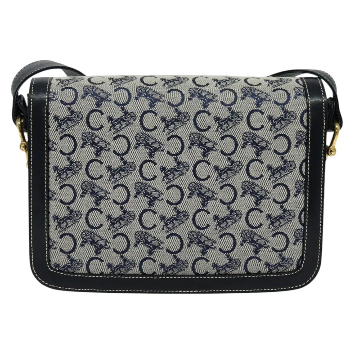 CELINE C Sulky Shoulder Bag Canvas Leather Navy Gold Auth 137437