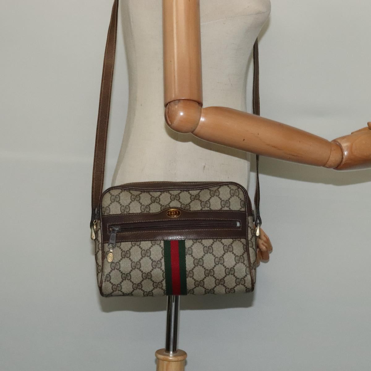 GUCCI GG Supreme Web Sherry Line Shoulder Bag PVC Beige Gold Auth 137441
