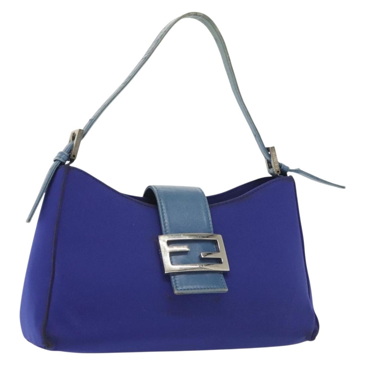 FENDI Mamma Baguette Shoulder Bag Nylon Blue Silver Auth 137452