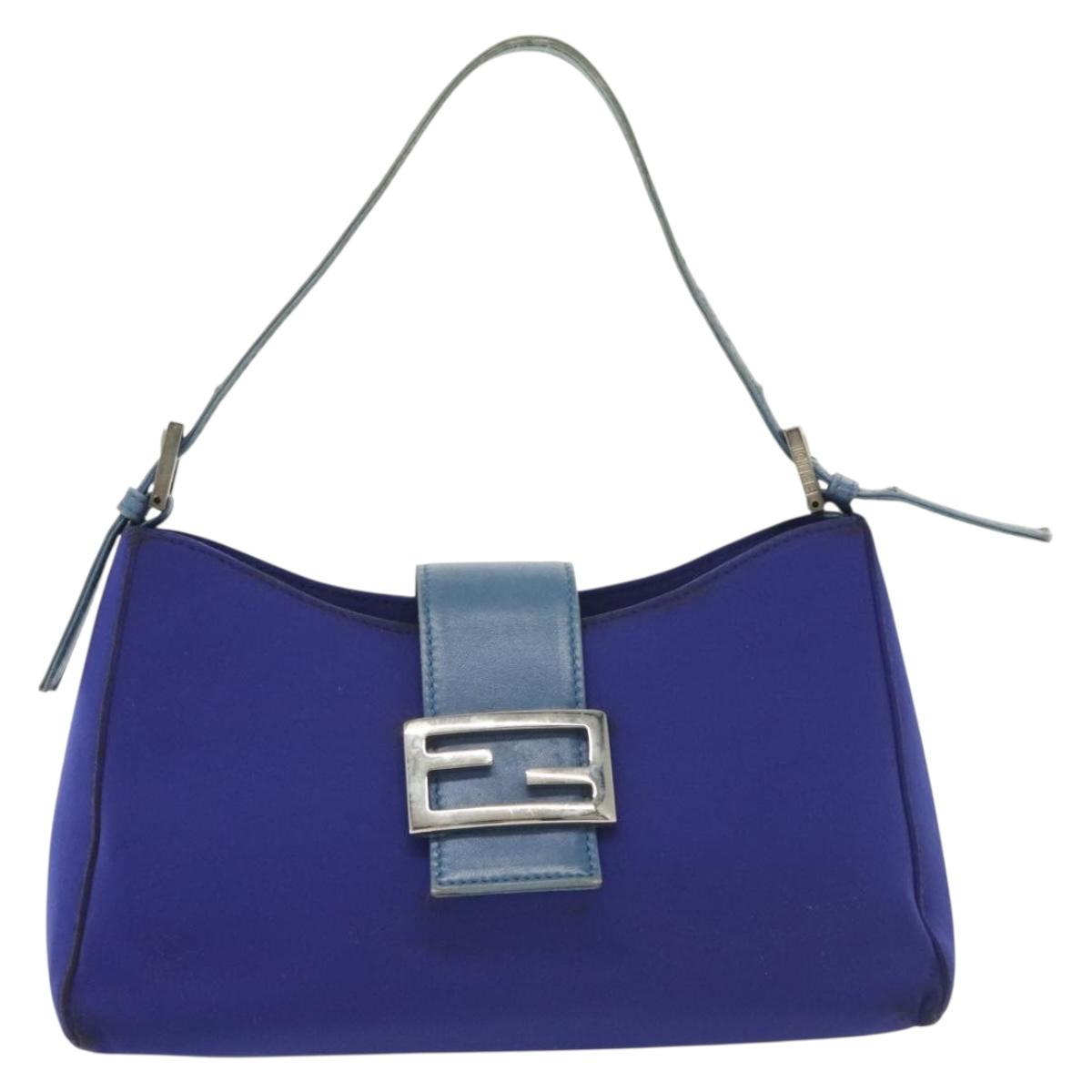 FENDI Mamma Baguette Shoulder Bag Nylon Blue Silver Auth 137452
