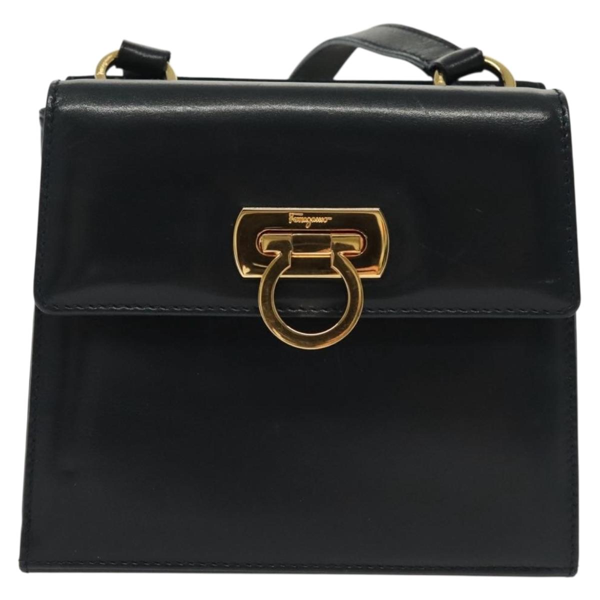 Salvatore Ferragamo Gancini Shoulder Bag Leather Suede Navy Gold Auth 137474