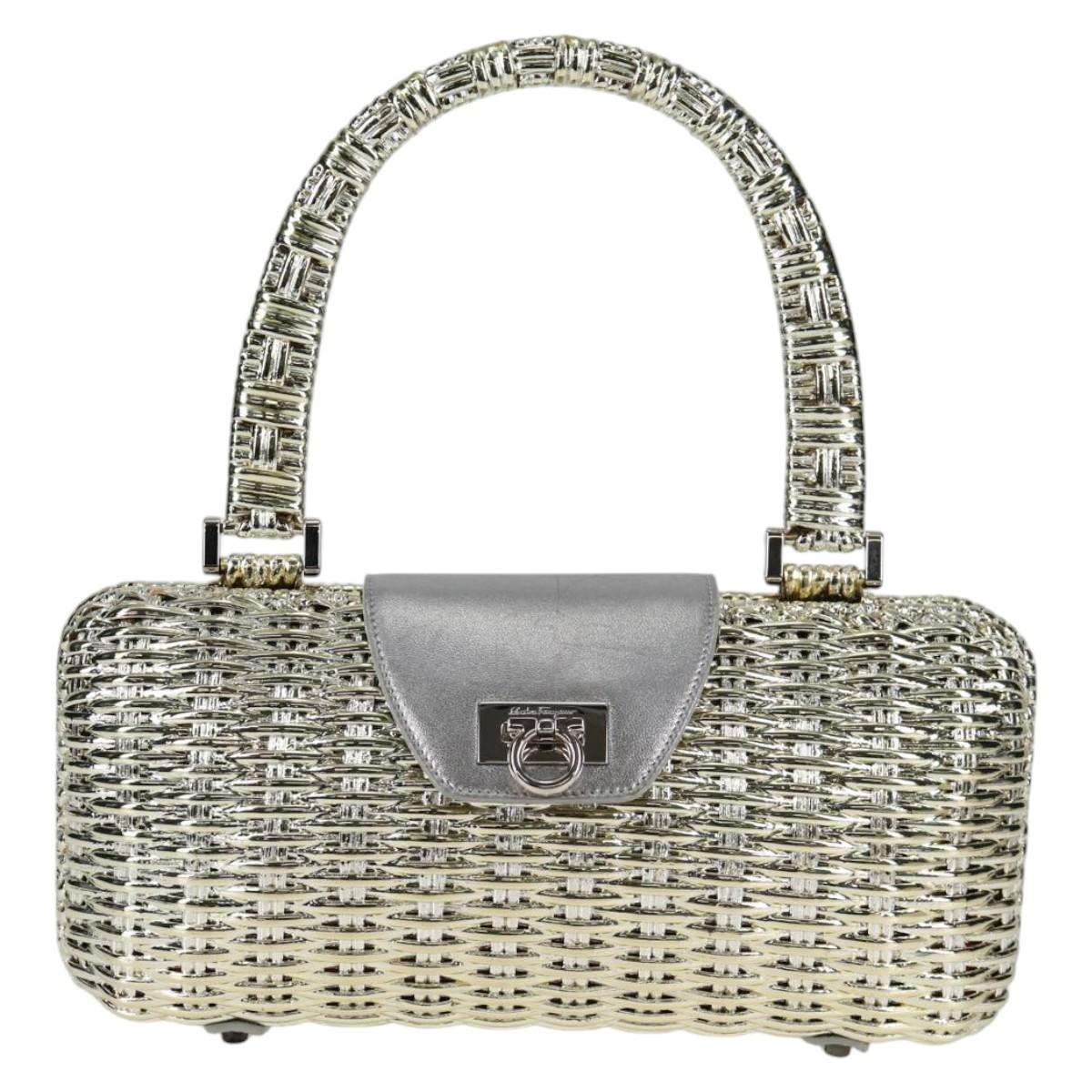 Salvatore Ferragamo Gancini Hand Bag Rattan Gold Auth 137497V