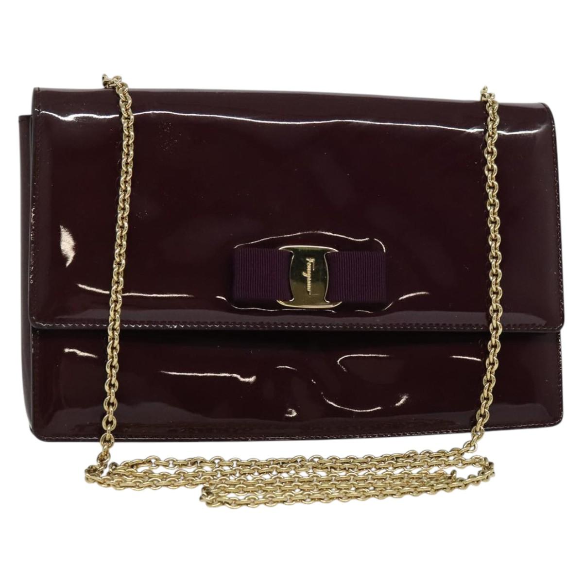 Salvatore Ferragamo Vala Chain Shoulder Bag Patent Purple Gold Auth 137501