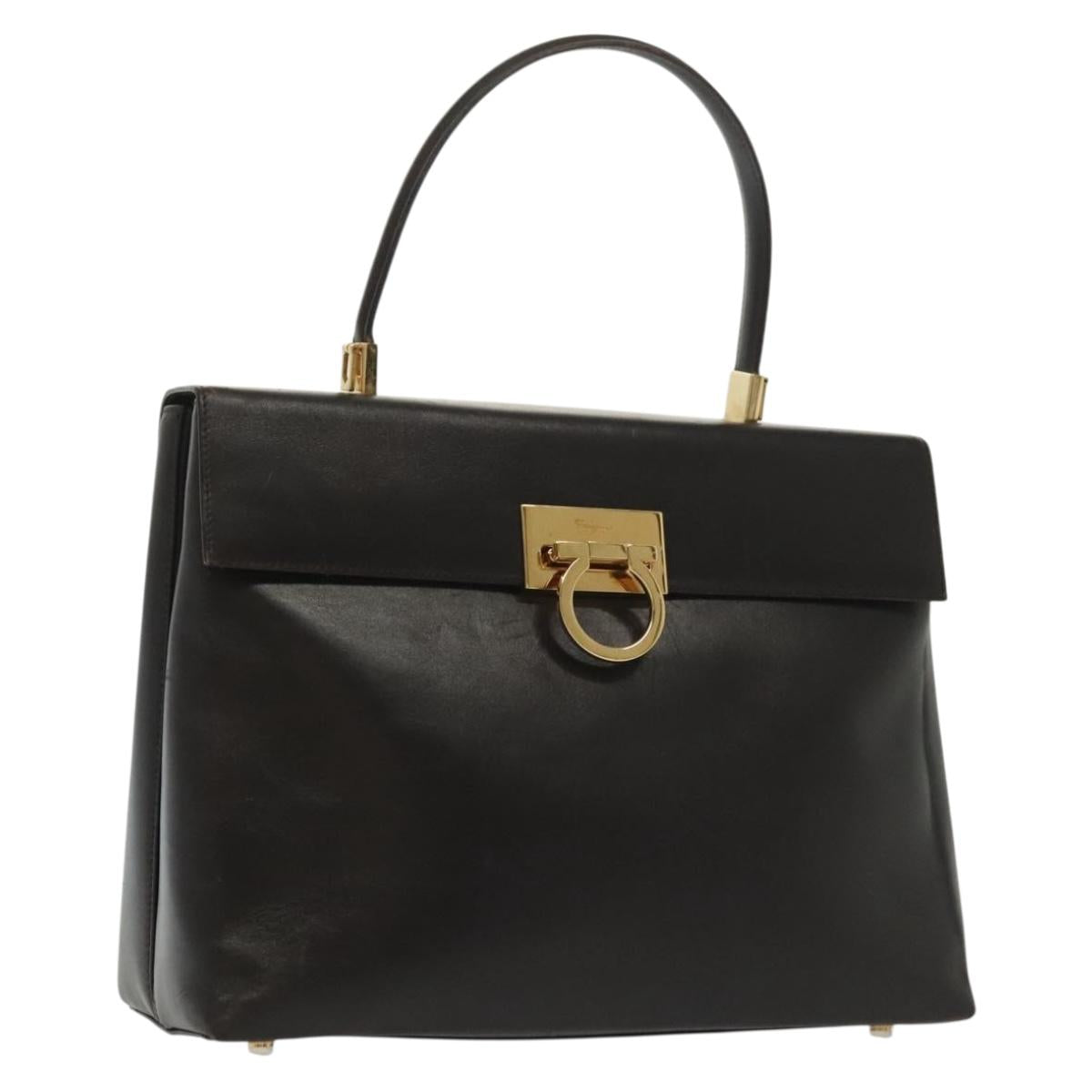 Salvatore Ferragamo Gancini Hand Bag Leather Black Gold Auth 137516