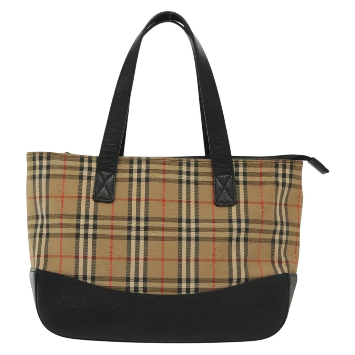 BURBERRY Nova Check Hand Bag Canvas Leather Beige Gold Auth 137517