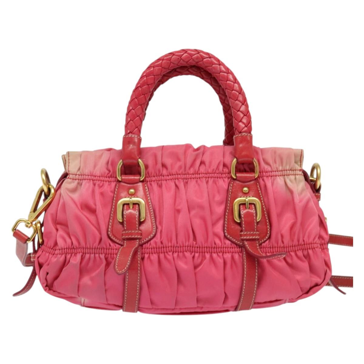PRADA Gathered Hand Bag Nylon 2way Pink Gold Auth 137550