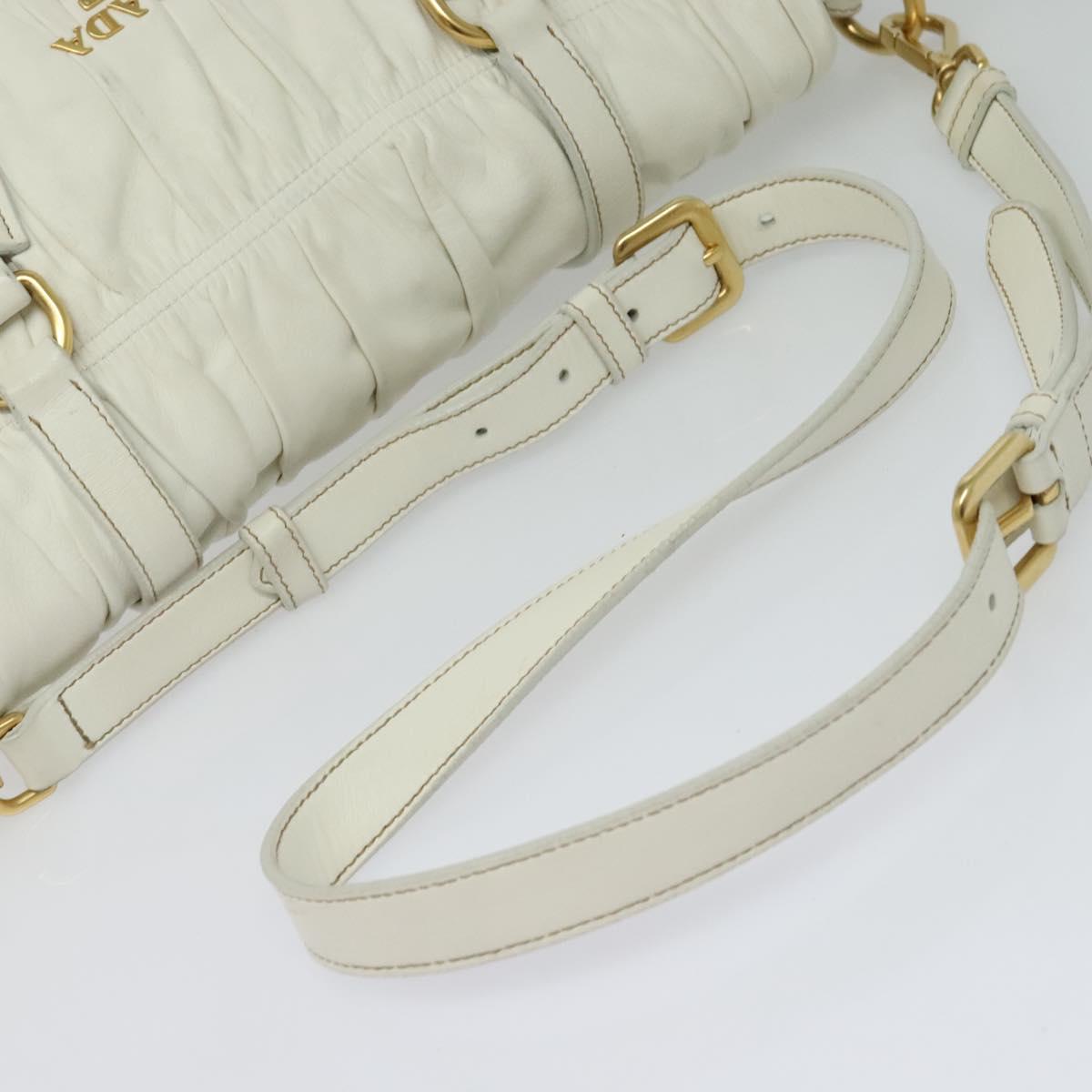 PRADA Gathered Shoulder Bag Leather White Gold Auth 137551