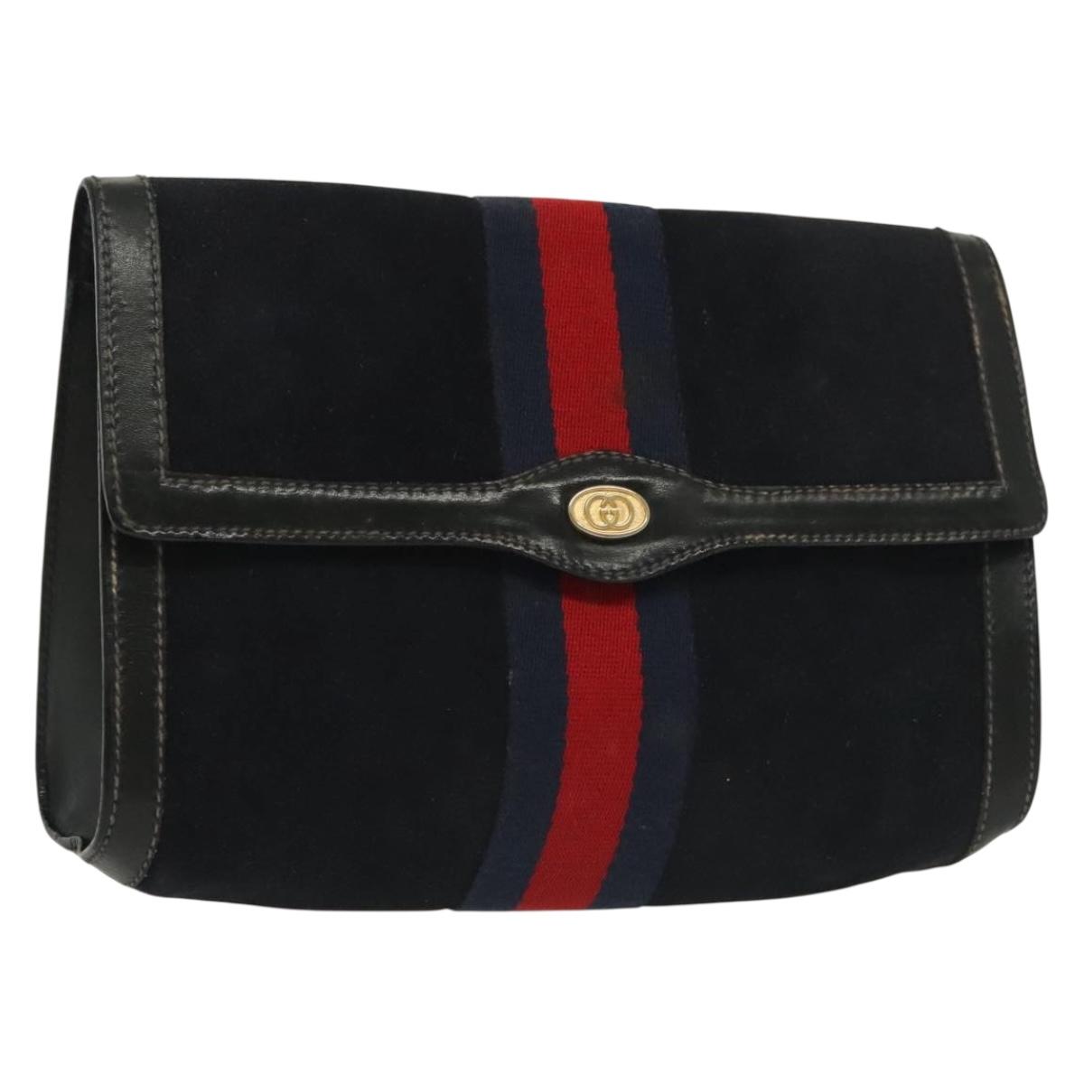GUCCI Sherry Line Clutch Bag Suede Navy Red gold Auth 137579